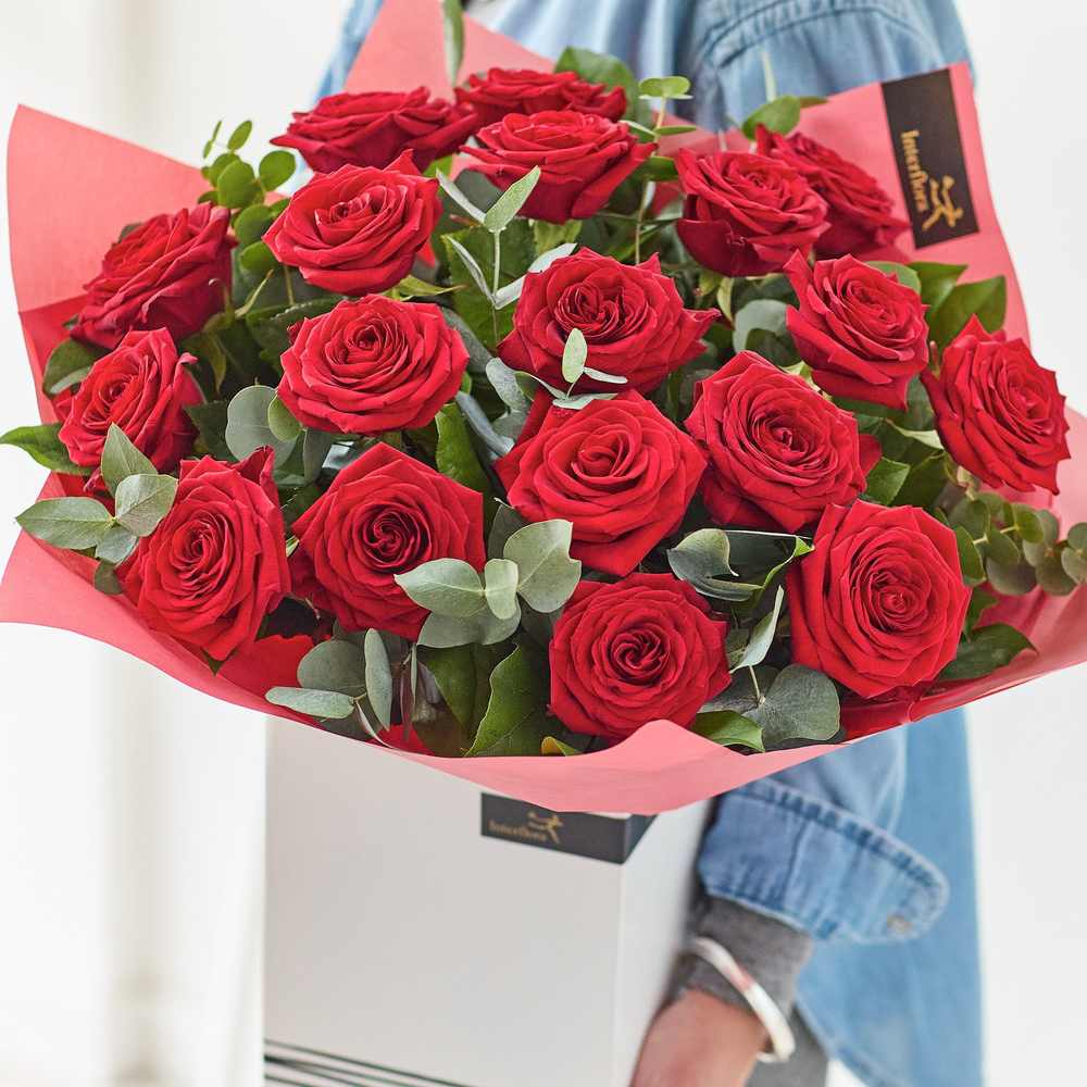 Close-up of red roses from the Welch anniversary flower range